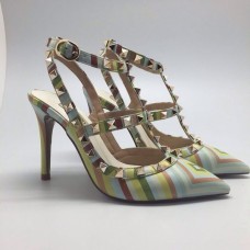 Женские летние цветные кожаные туфли Valentino Garavani Rockstud зеленые