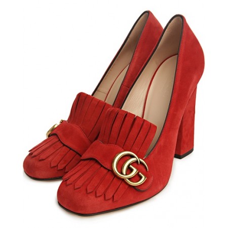 Женские замшевые летние туфли Gucci Marmont красные с пряжкой