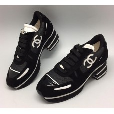 Женские замшевые кроссовки Chanel EX Sport черно-белые на каблуке Женские замшевые кроссовки Chanel EX Sport черно-белые на каблуке