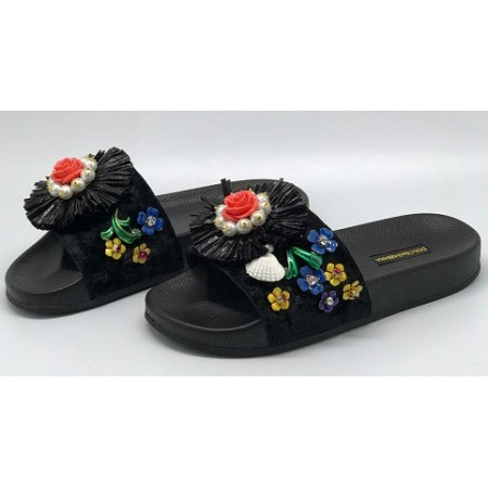 Женские летние кожаные шлепанцы Dolce&Gabbana черные с цветами