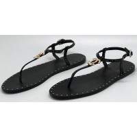 Женские брендовые кожаные сандалии Chanel Cruise черные на плоской подошве