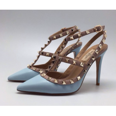 Женские летние кожаные туфли Valentino Garavani Rockstud голубые