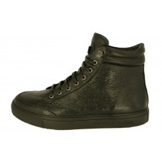 Мужские высокие осенние кроссовки Philipp Plein Skull кожаные черные с черепами