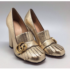Женские летние кожаные туфли Gucci Marmont золотые с пряжкой