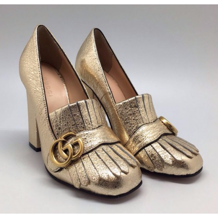Женские летние кожаные туфли Gucci Marmont золотые с пряжкой