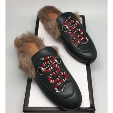 Женские кожаные лоферы Gucci зеленые с мехом Женские кожаные лоферы Gucci зеленые с мехом