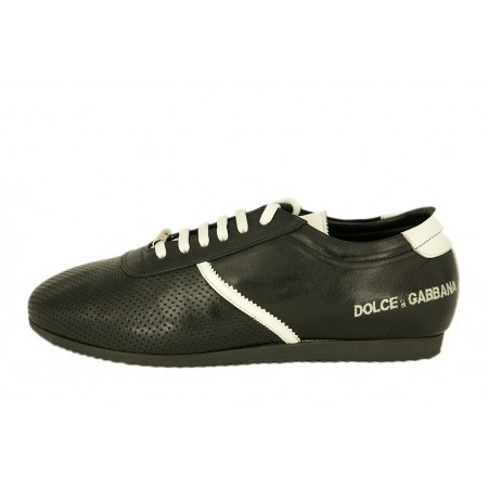 Мужские кожаные летние кроссовки Dolce&Gabbana черные с белой полосой