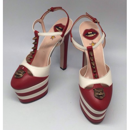 Женские летние кожаные туфли Gucci красно-белые на платформе