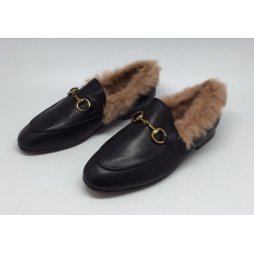 Женские зимние кожаные лоферы Gucci черные с мехом закрытая пятка Женские зимние кожаные лоферы Gucci черные с мехом закрытая пятка