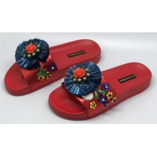 Женские летние кожаные шлепанцы Dolce&Gabbana красные с цветами Женские летние кожаные шлепанцы Dolce&Gabbana красные с цветами