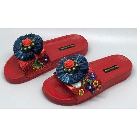 Женские летние кожаные шлепанцы Dolce&Gabbana красные с цветами