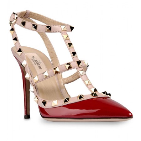 Женские кожаные лакированные туфли Valentino красные с ремешком