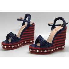 Кожаные босоножки Gucci Barbette синие на танкетке с декором Кожаные босоножки Gucci Barbette синие на танкетке с декором